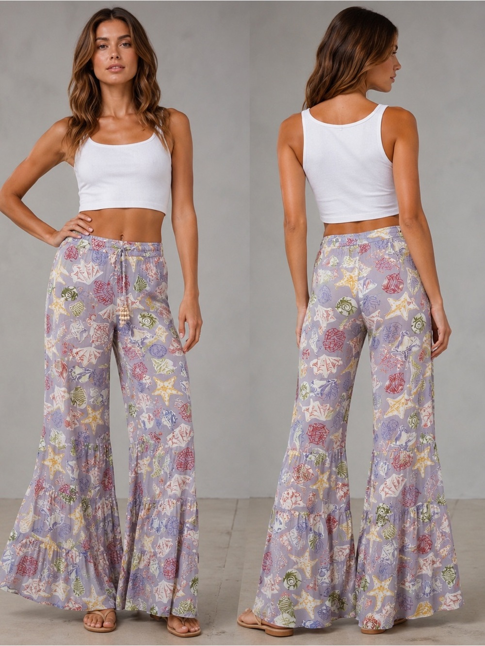 TRUE DESTINATIONS Seashell Print Flare Pant XS Pull On Beachy Bell Bottom Resort